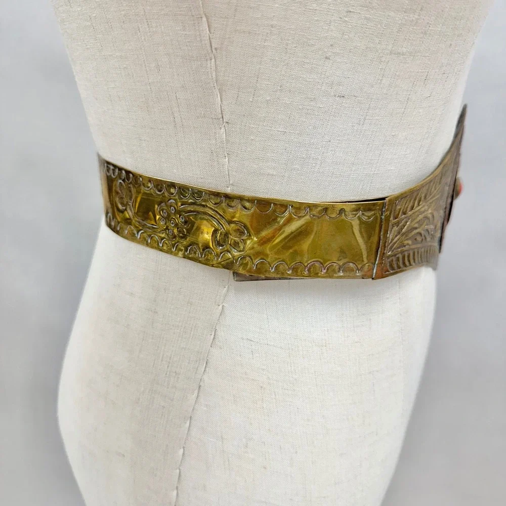 Vintage Brass & Copper Etched Metal Belt  Red Cabochon Centerpiece Made in India